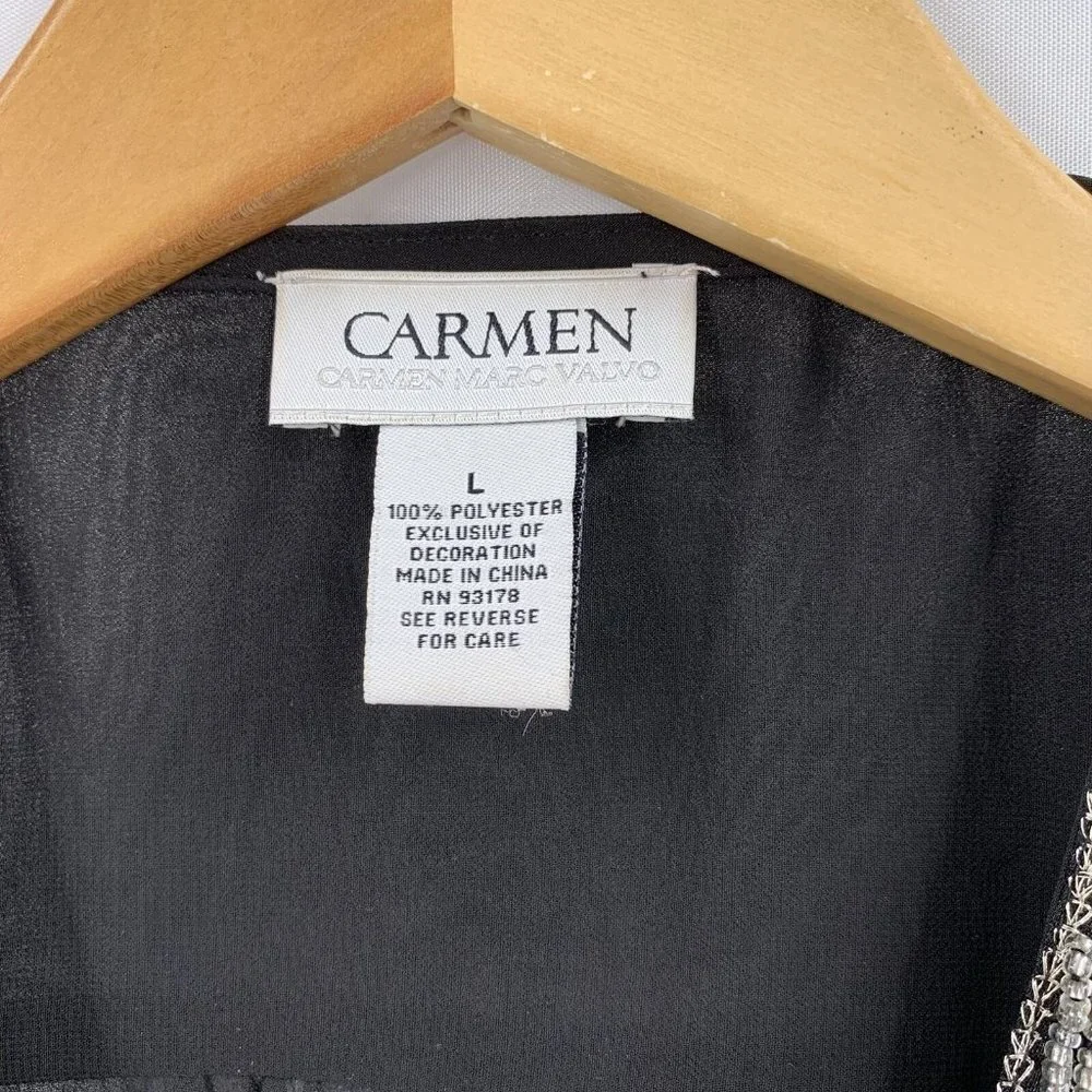 Carmen Marc Valvo Black Beaded Chiffon Sleeveless V-Neck Top Size Large - Picture 4 of 5